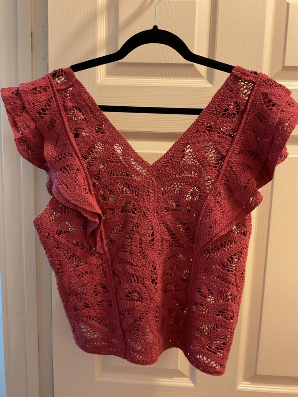 Designers Originals Crochet V-Neck Ruffle Tank Top - Rose
